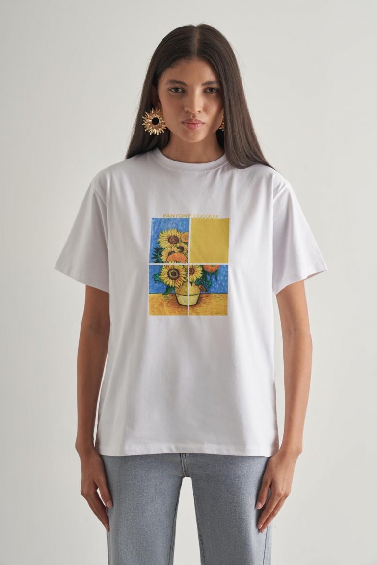 Mizalle Pamuklu Ekru Oversize Baskılı Tişört - Mizalle