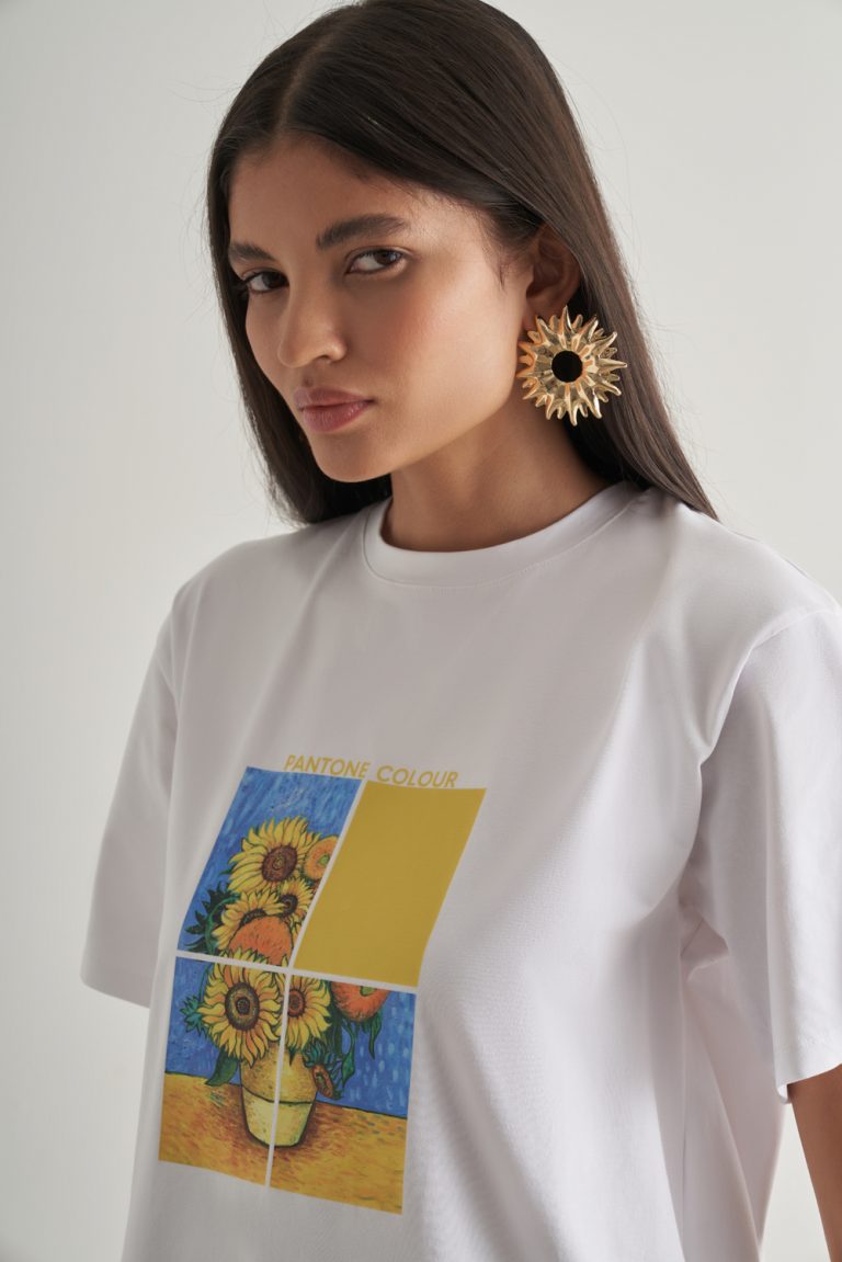 Mizalle Pamuklu Ekru Oversize Baskılı Tişört - Mizalle