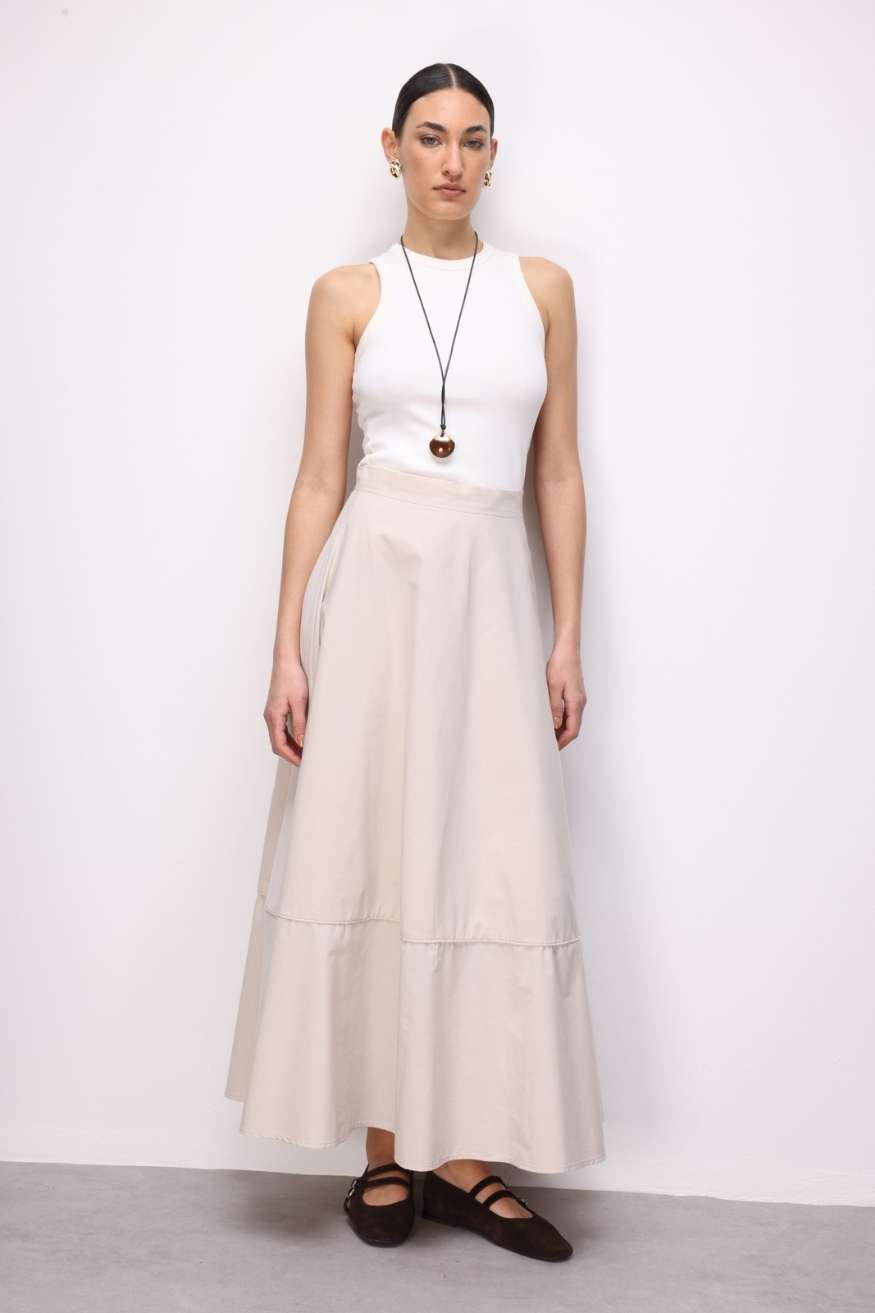 Mizalle Pamuklu Evaze Volanlı Maksi Bej Rengi Etek - 1