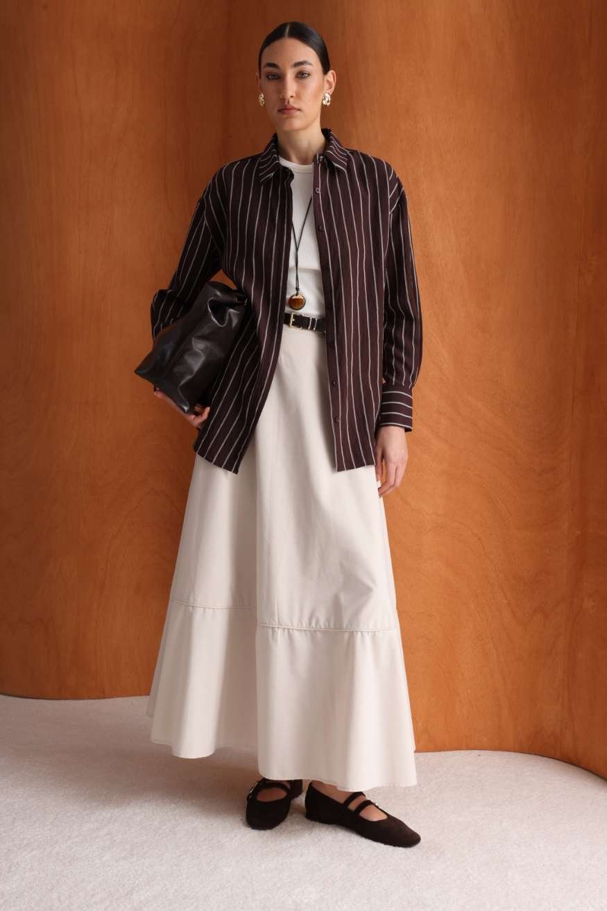 Mizalle Pamuklu Evaze Volanlı Maksi Bej Rengi Etek - 2