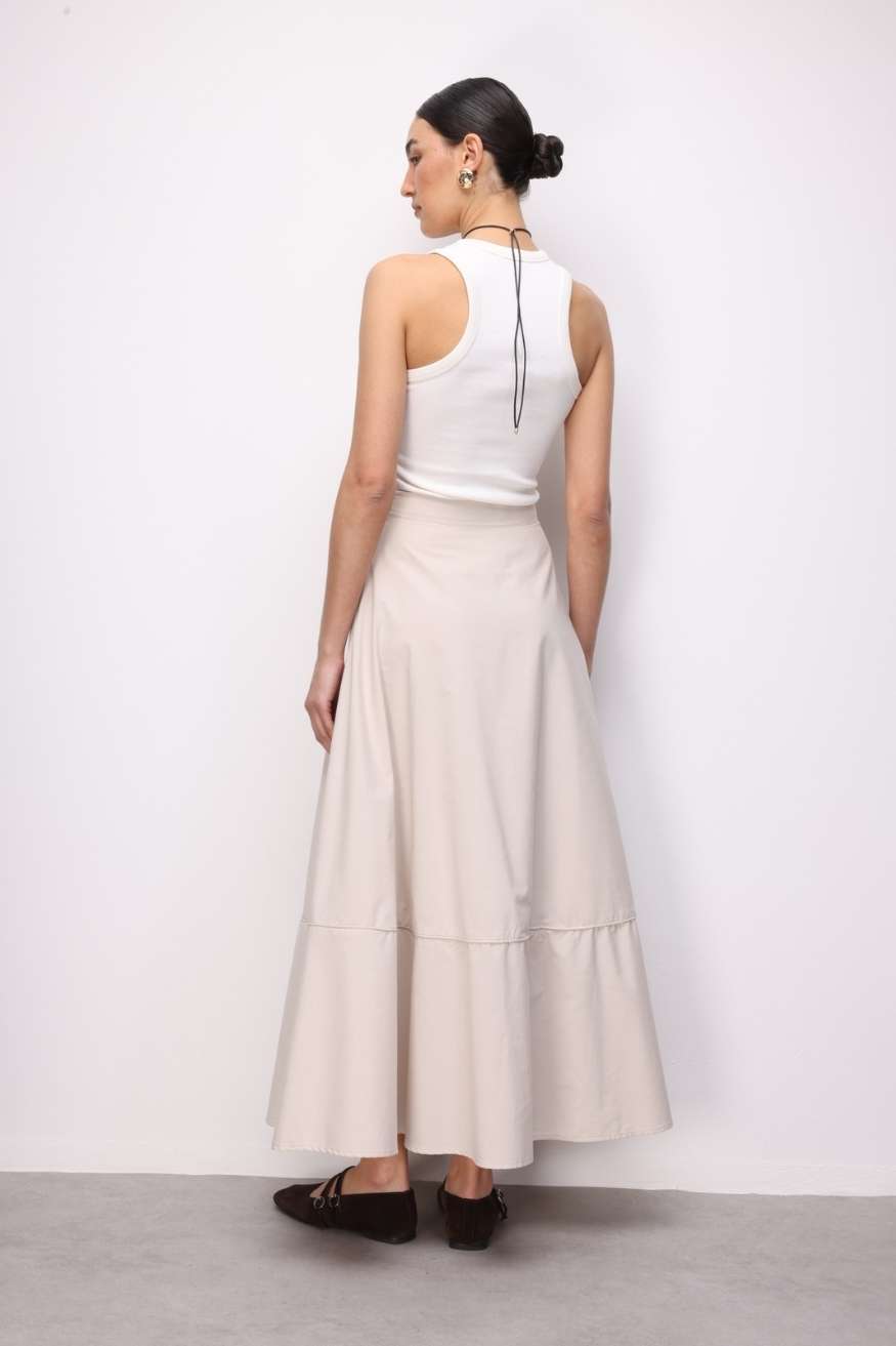 Mizalle Pamuklu Evaze Volanlı Maksi Bej Rengi Etek - 4