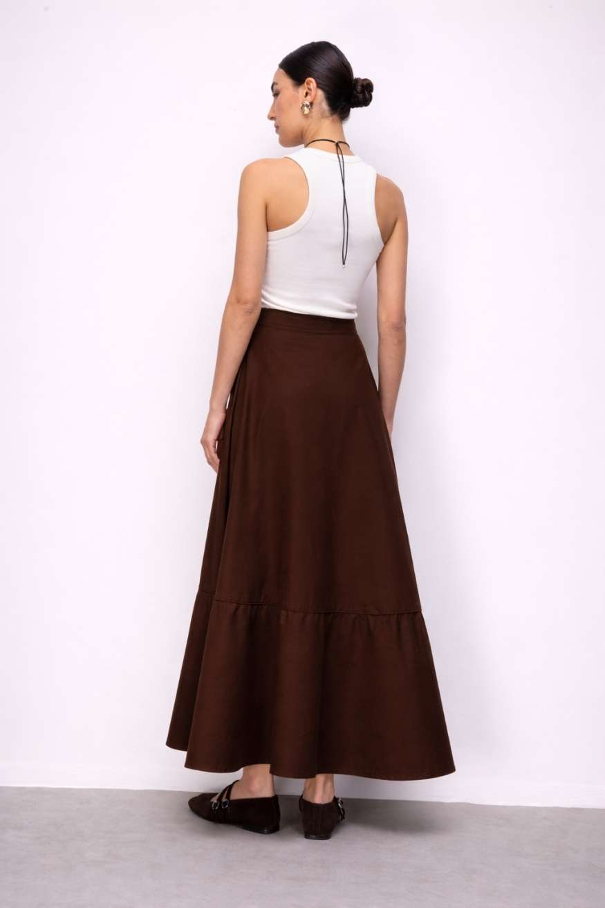 Mizalle Pamuklu Evaze Volanlı Maksi Kahverengi Etek - 2
