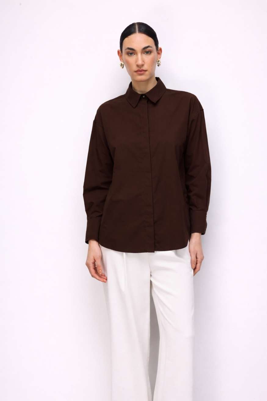 Mizalle Pamuklu Kahverengi Oversize Gömlek - 2