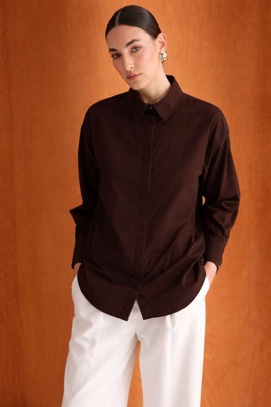 Mizalle Pamuklu Kahverengi Oversize Gömlek - Mizalle