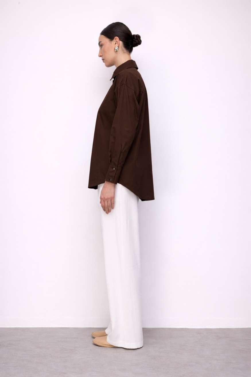 Mizalle Pamuklu Kahverengi Oversize Gömlek - 3