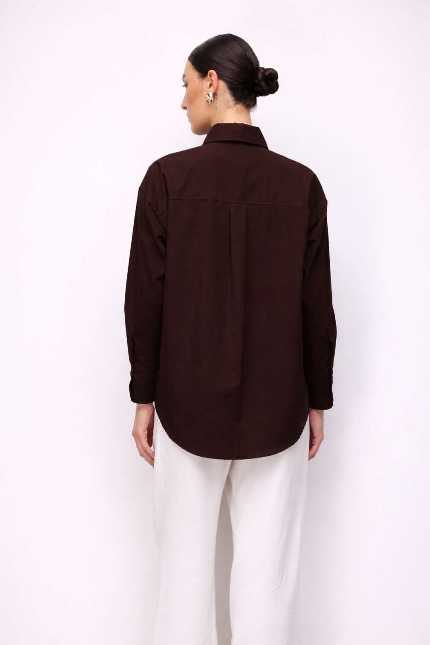 Mizalle Pamuklu Kahverengi Oversize Gömlek - 4