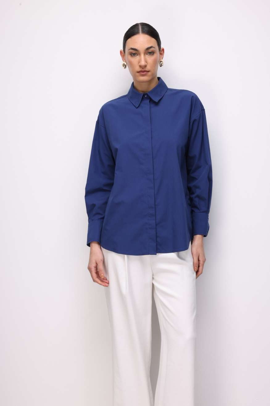 Mizalle Pamuklu Lacivert Oversize Gömlek - 2