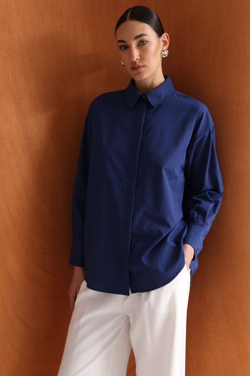 Mizalle Pamuklu Lacivert Oversize Gömlek - Mizalle