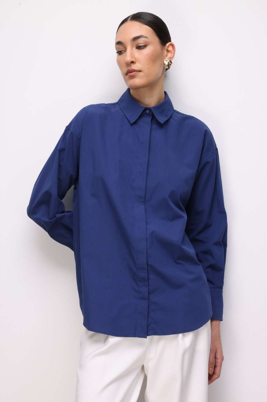 Mizalle Pamuklu Lacivert Oversize Gömlek - 5
