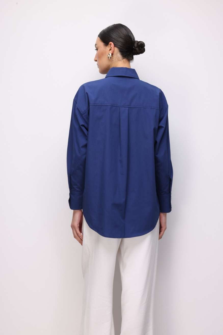 Mizalle Pamuklu Lacivert Oversize Gömlek - 6