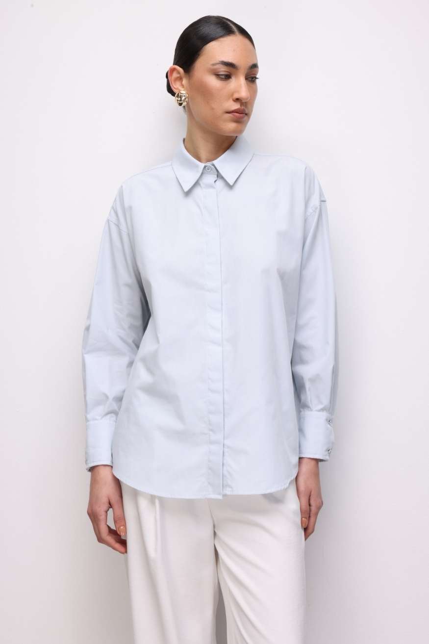 Mizalle Pamuklu Mavi Oversize Gömlek - Mizalle