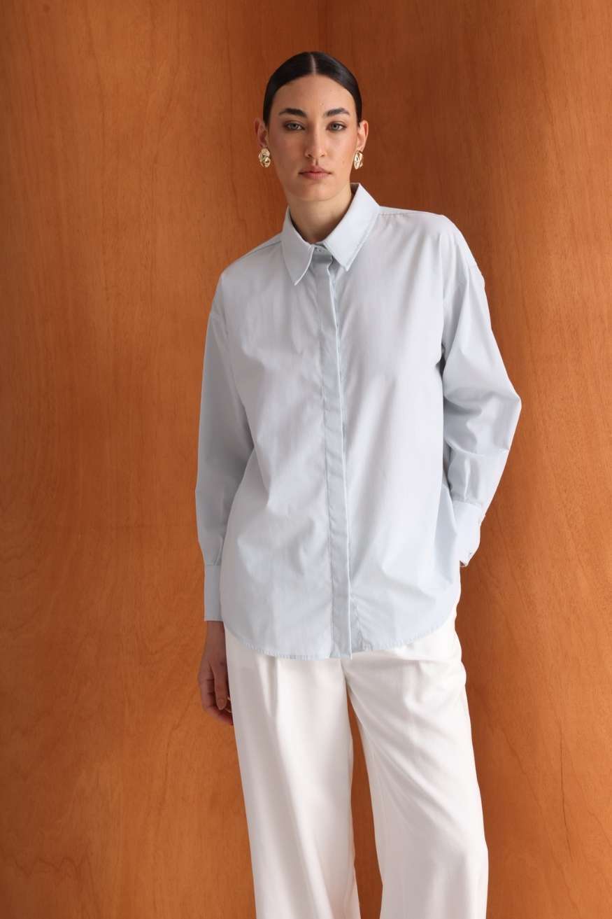 Mizalle Pamuklu Mavi Oversize Gömlek - Mizalle