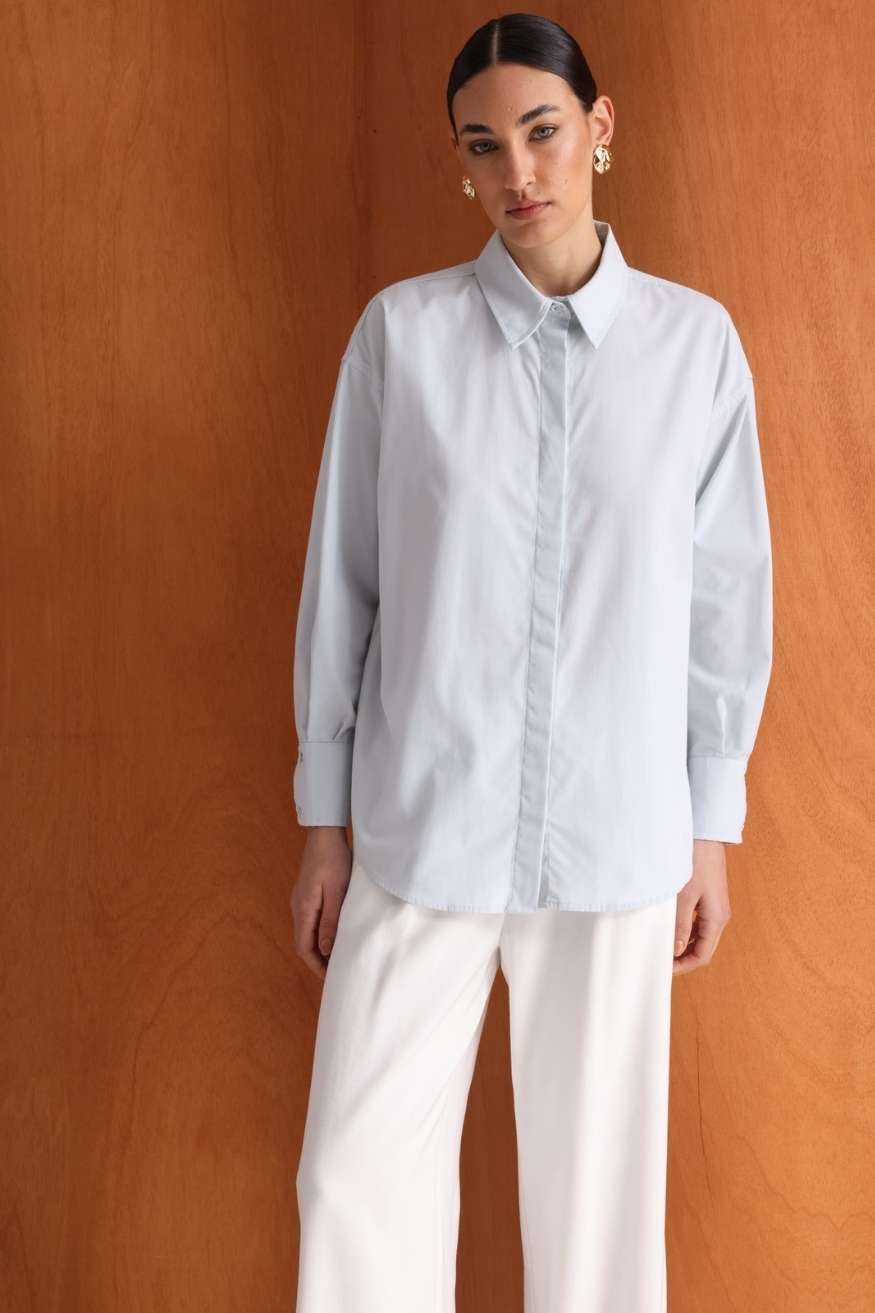 Mizalle Pamuklu Mavi Oversize Gömlek - Mizalle
