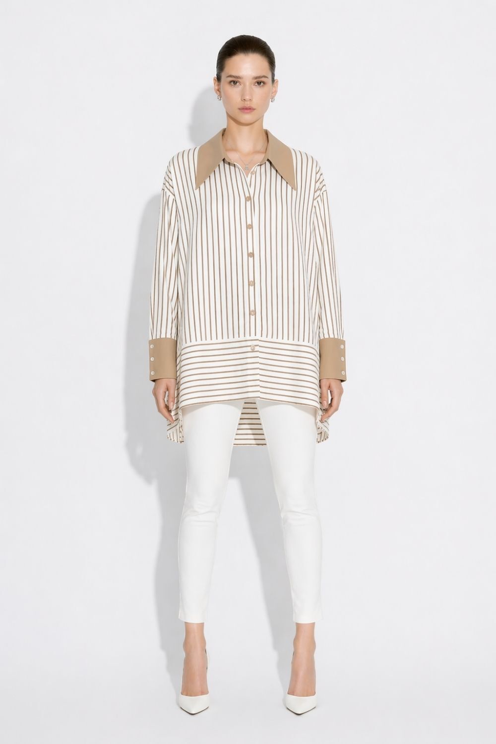 Mizalle Parça Etek Detaylı Çizgili Bej Rengi Yazlık Tunik - 1