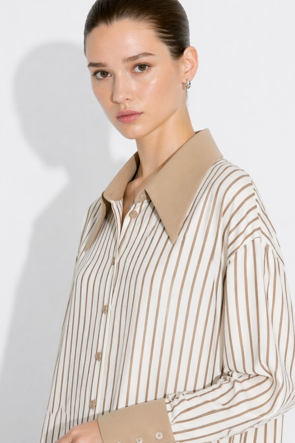 Mizalle Parça Etek Detaylı Çizgili Bej Rengi Yazlık Tunik - 2