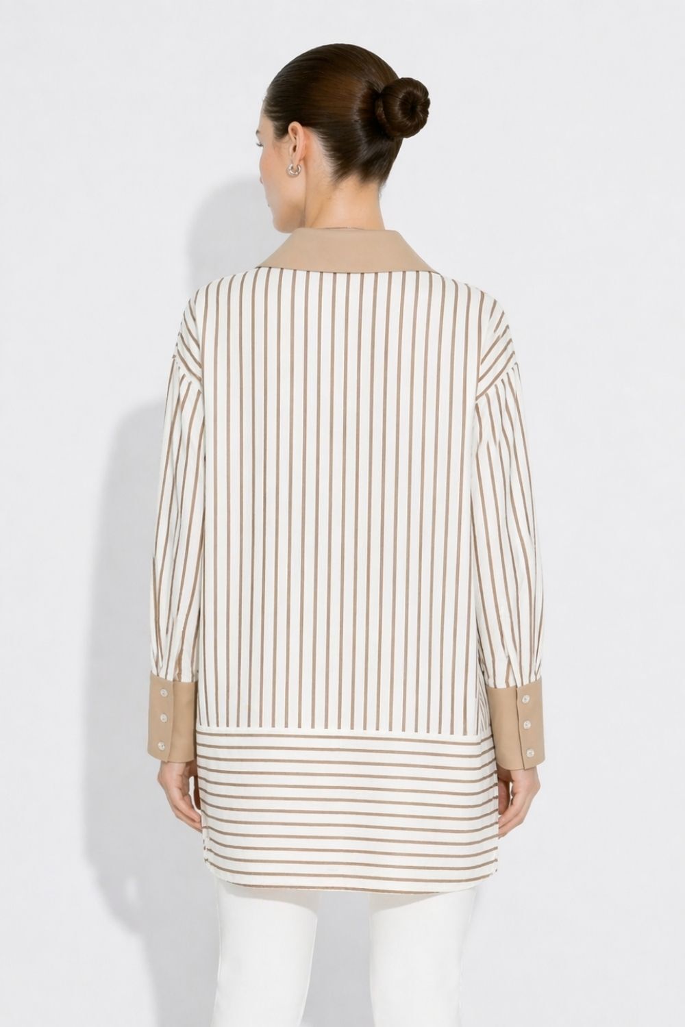 Mizalle Parça Etek Detaylı Çizgili Bej Rengi Yazlık Tunik - Mizalle