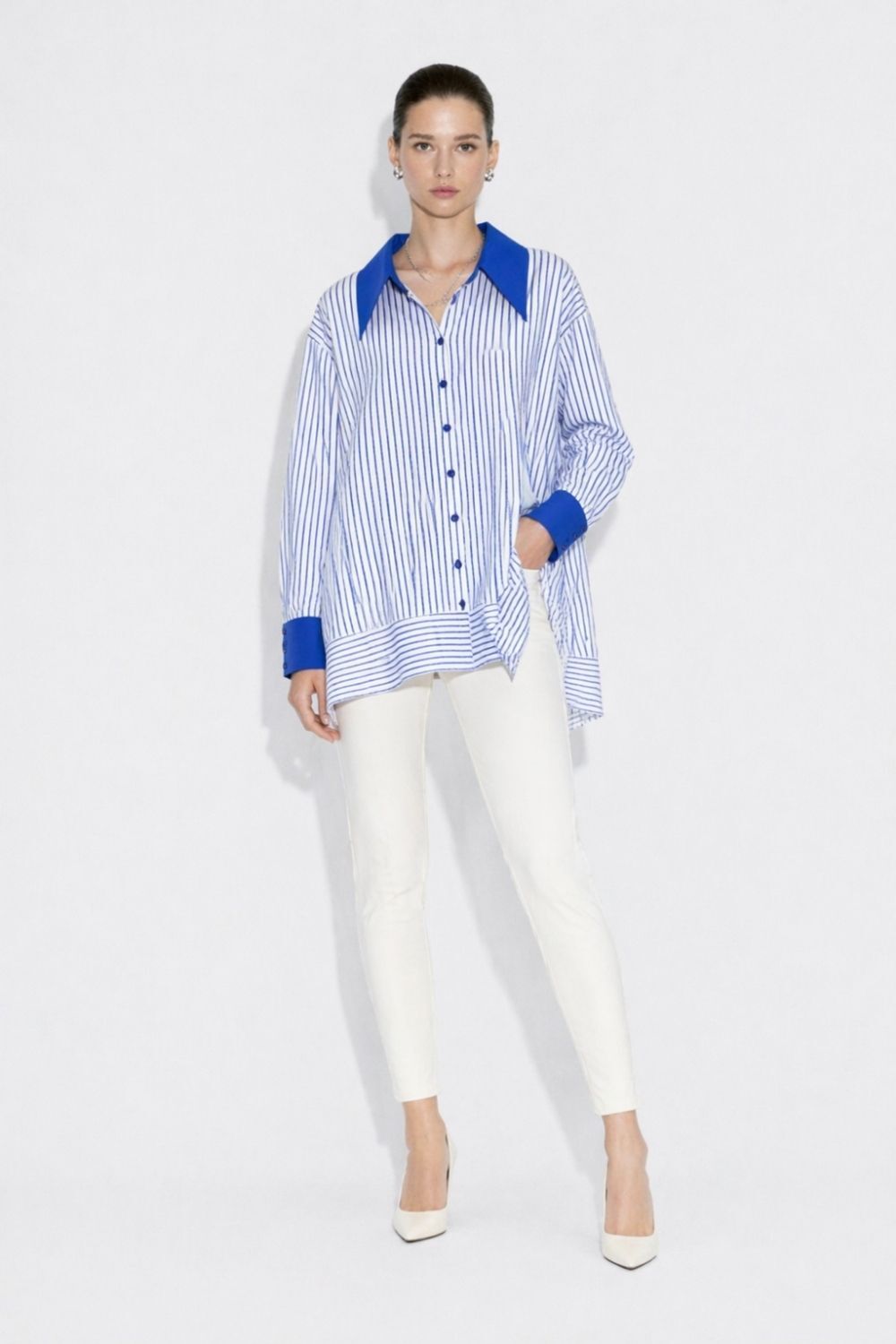 Mizalle Parça Etek Detaylı Çizgili Saks Mavi Yazlık Tunik - 1