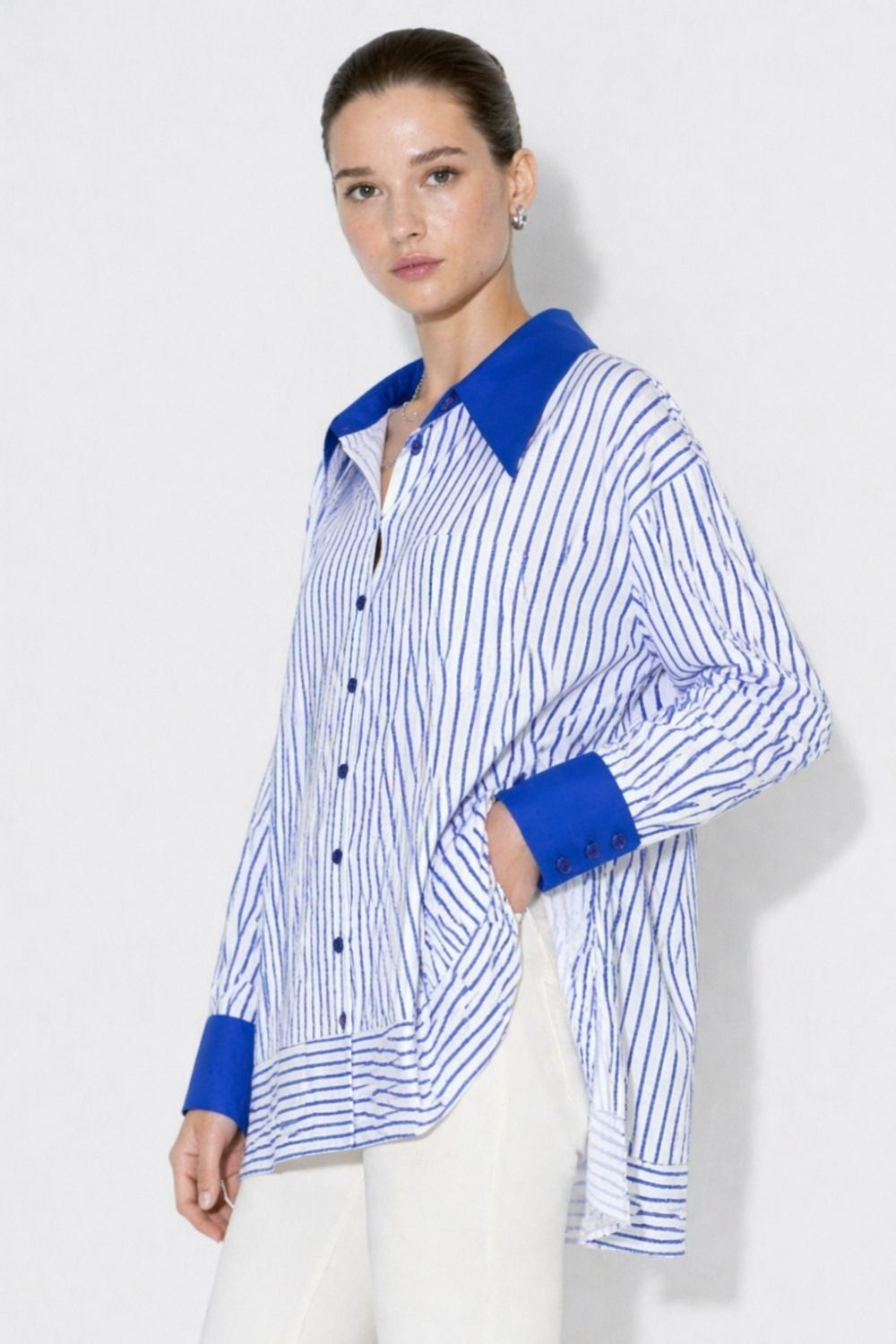 Mizalle Parça Etek Detaylı Çizgili Saks Mavi Yazlık Tunik - Mizalle