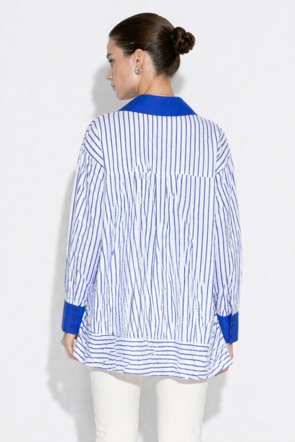 Mizalle Parça Etek Detaylı Çizgili Saks Mavi Yazlık Tunik - 3