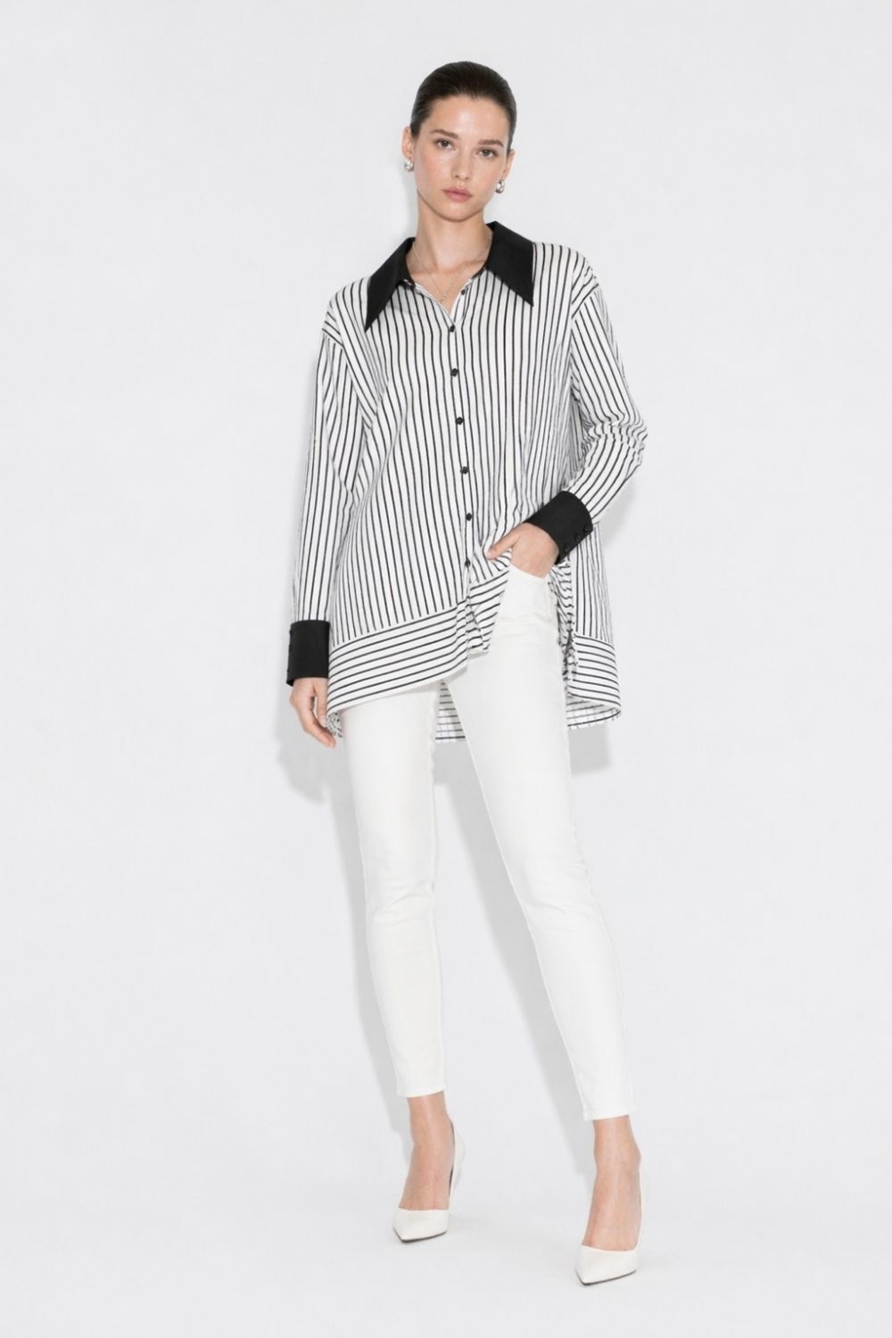 Mizalle Parça Etek Detaylı Çizgili Siyah Yazlık Tunik - Mizalle