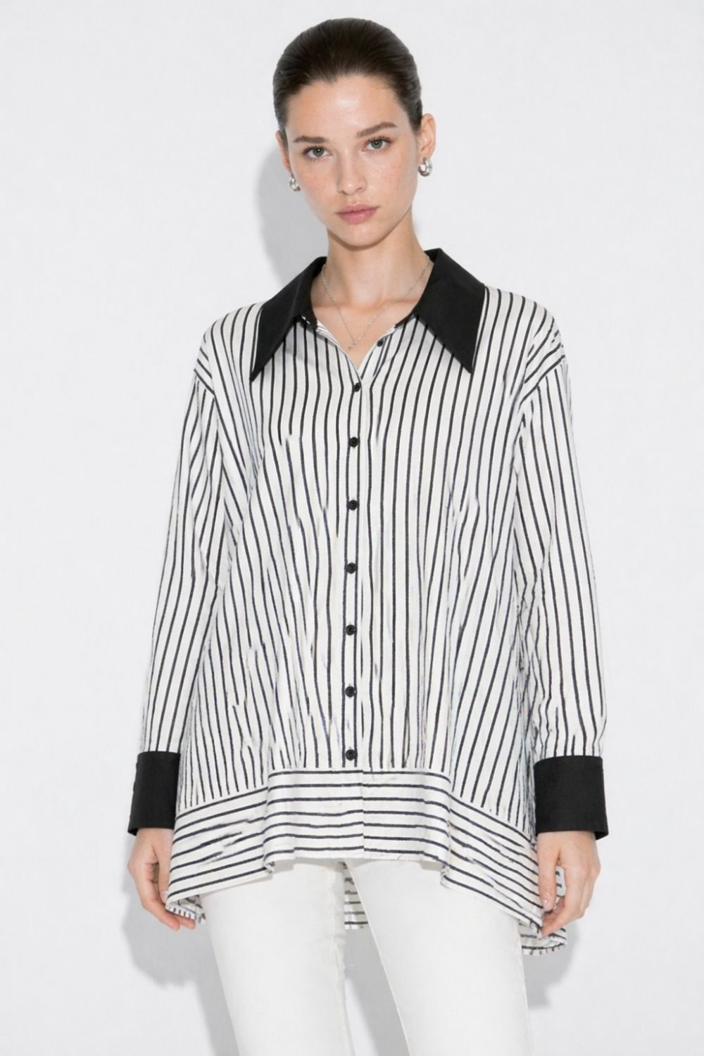 Mizalle Parça Etek Detaylı Çizgili Siyah Yazlık Tunik - 2