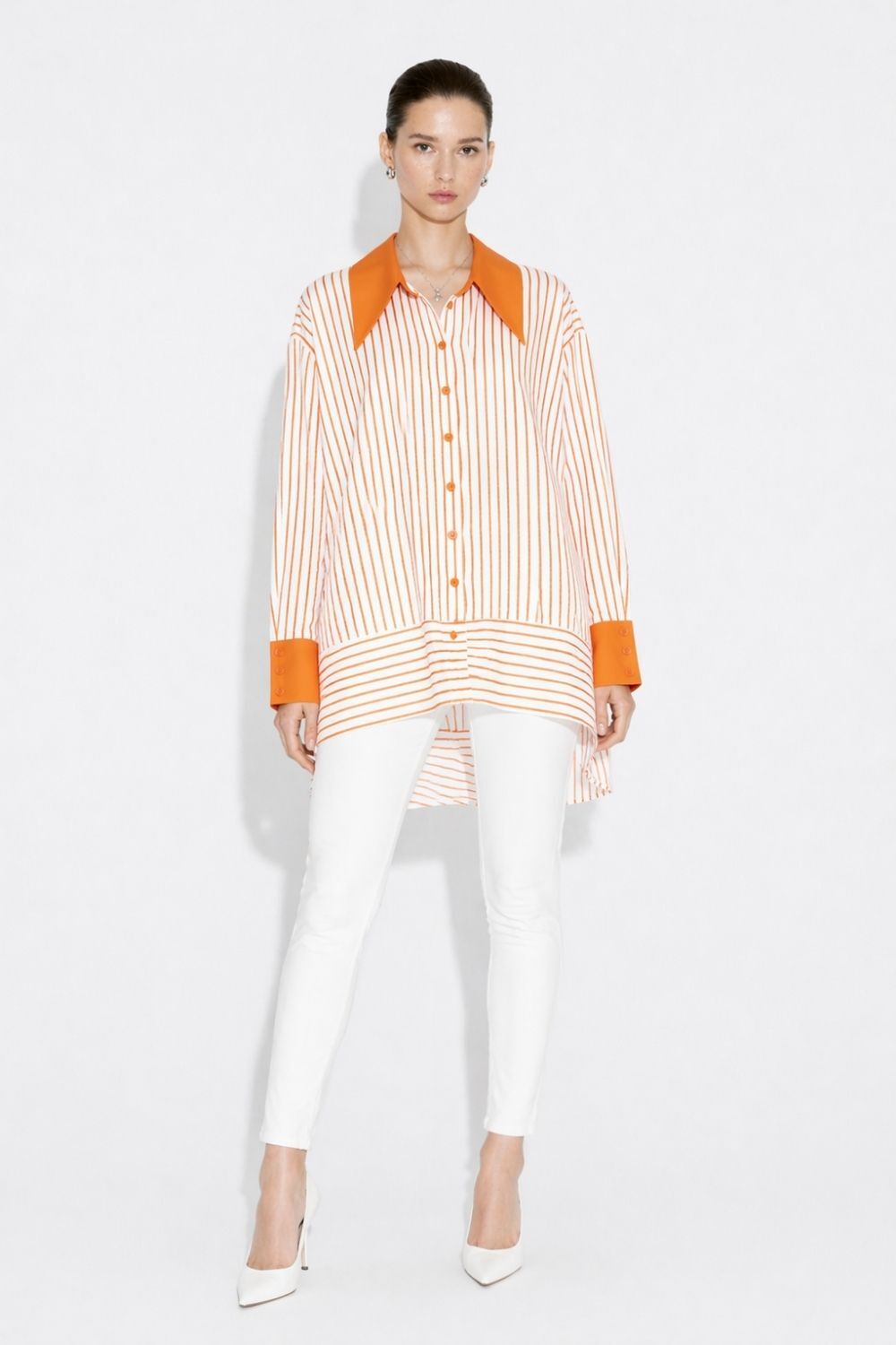 Mizalle Parça Etek Detaylı Çizgili Turuncu Yazlık Tunik - 1