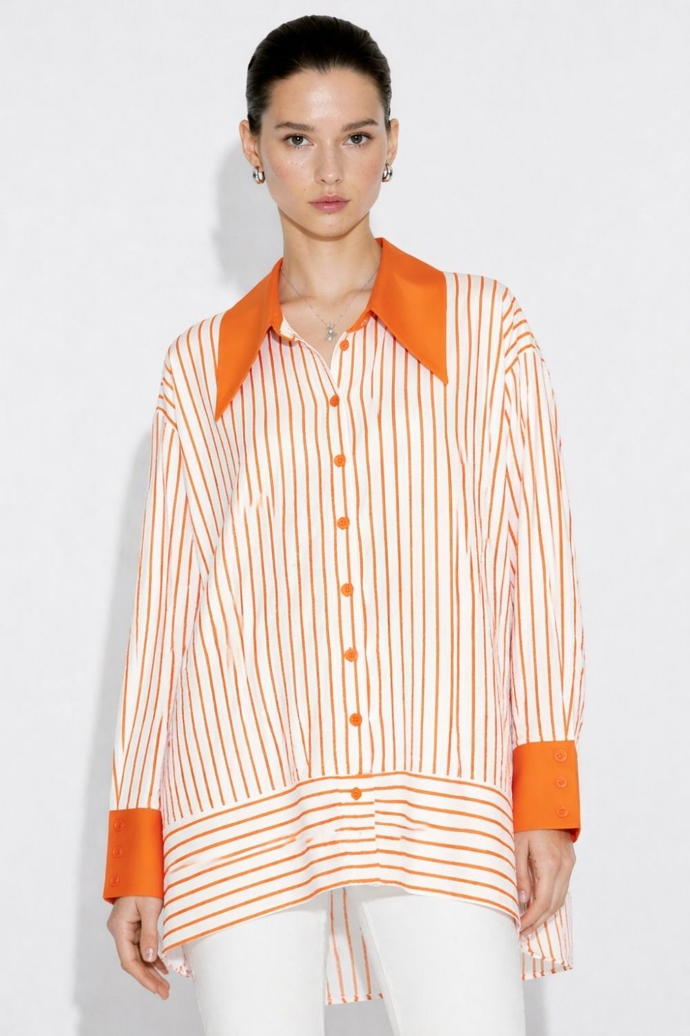Mizalle Parça Etek Detaylı Çizgili Turuncu Yazlık Tunik - Mizalle