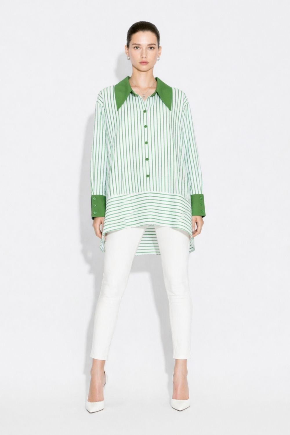 Mizalle Parça Etek Detaylı Çizgili Yeşil Yazlık Tunik - 1