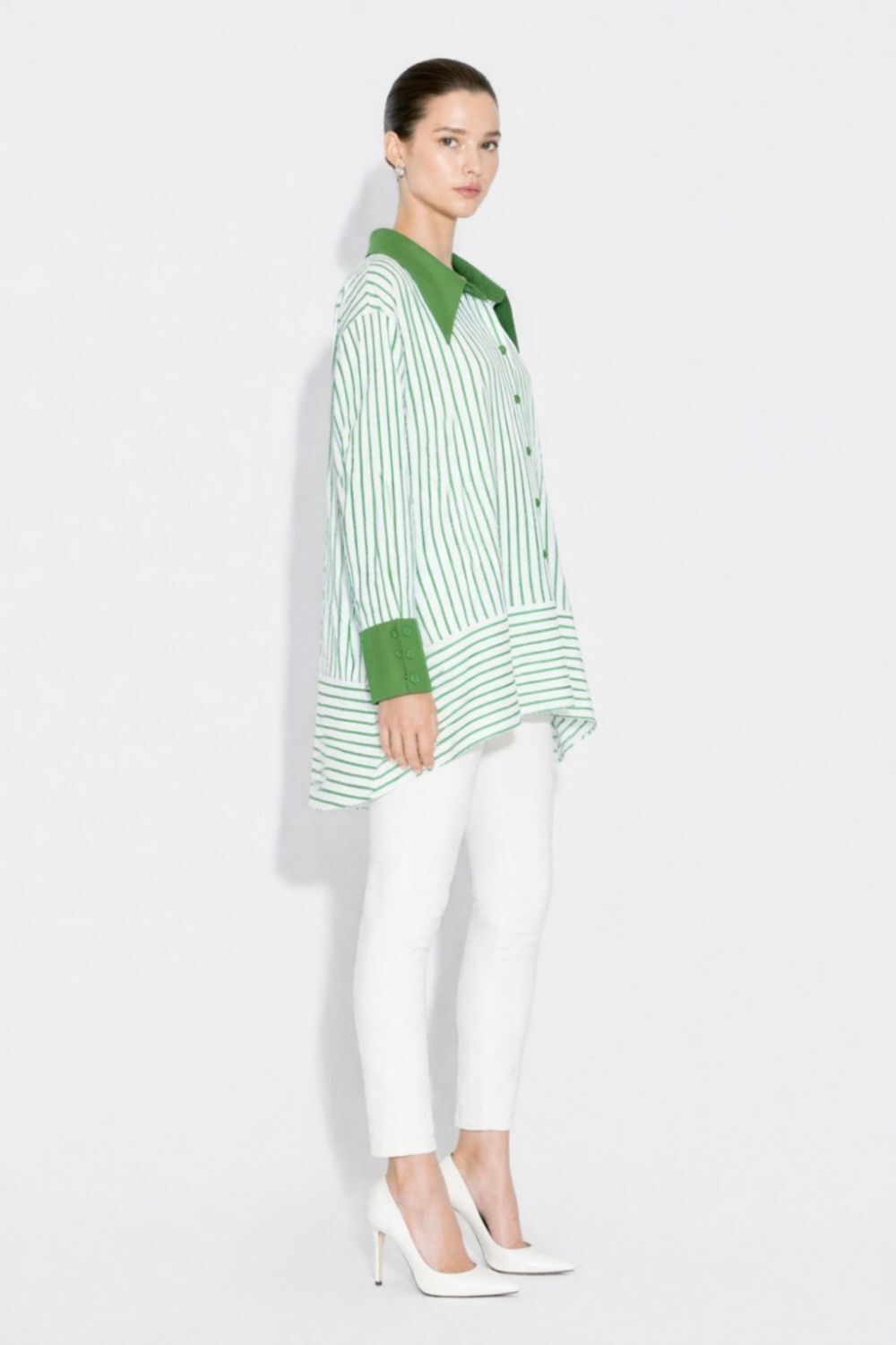 Mizalle Parça Etek Detaylı Çizgili Yeşil Yazlık Tunik - Mizalle
