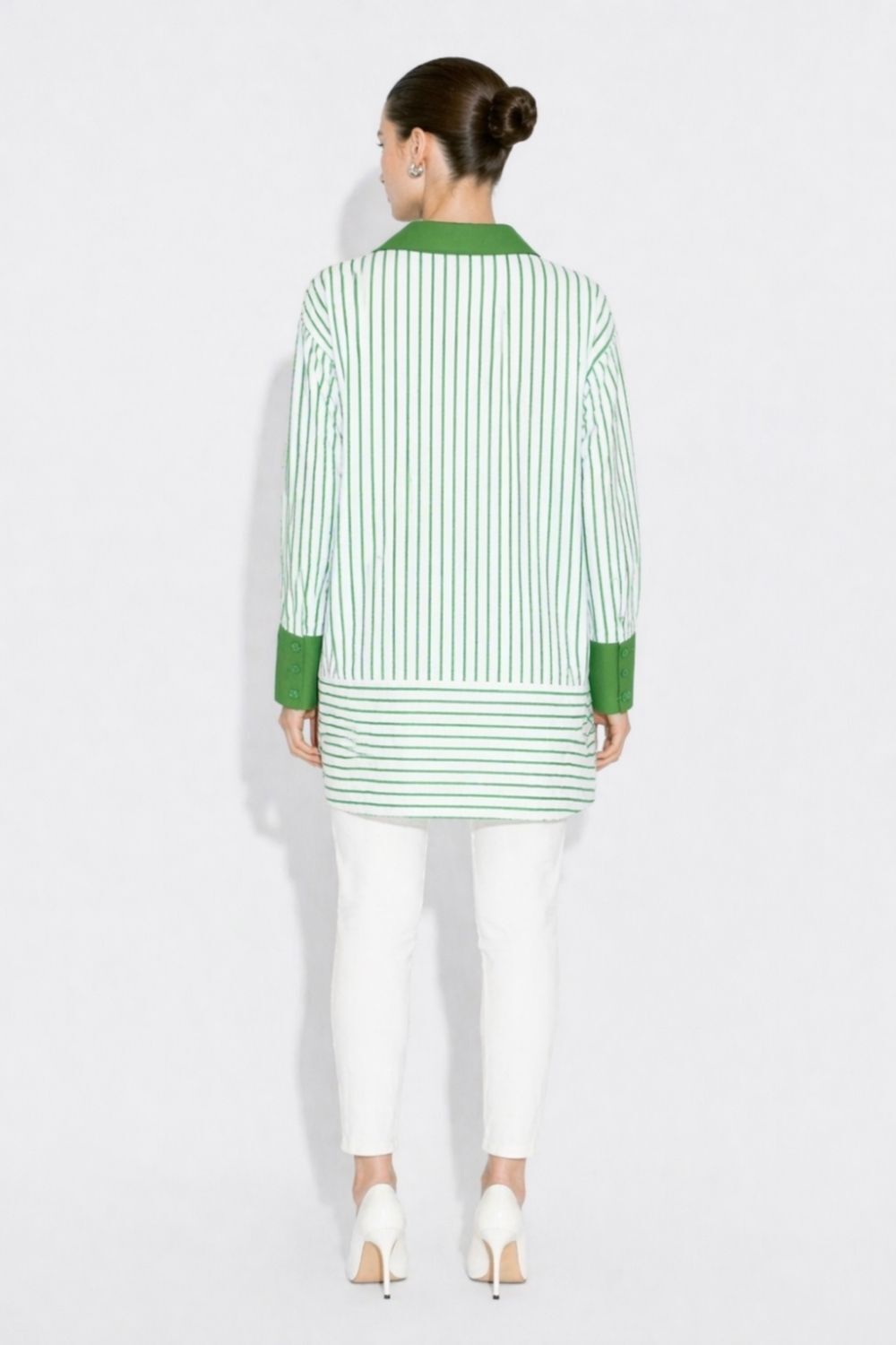 Mizalle Parça Etek Detaylı Çizgili Yeşil Yazlık Tunik - 3