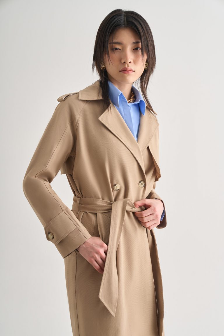 Mizalle Premium Pamuk Karışımlı Bej Rengi Uzun Trençkot - Mizalle