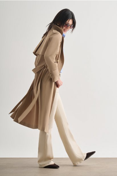 Mizalle Premium Pamuk Karışımlı Bej Rengi Uzun Trençkot - Mizalle