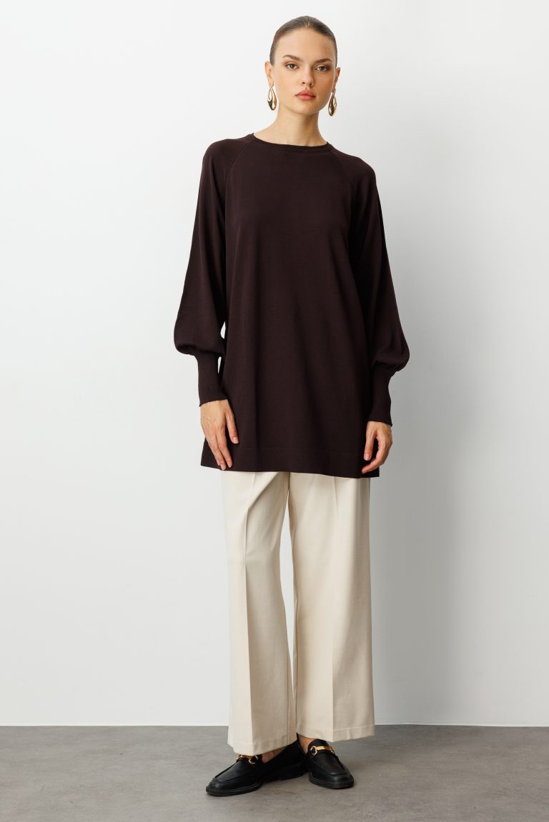 Mizalle Premium Rayon Balon Kol Kahverengi Triko Kazak - Mizalle