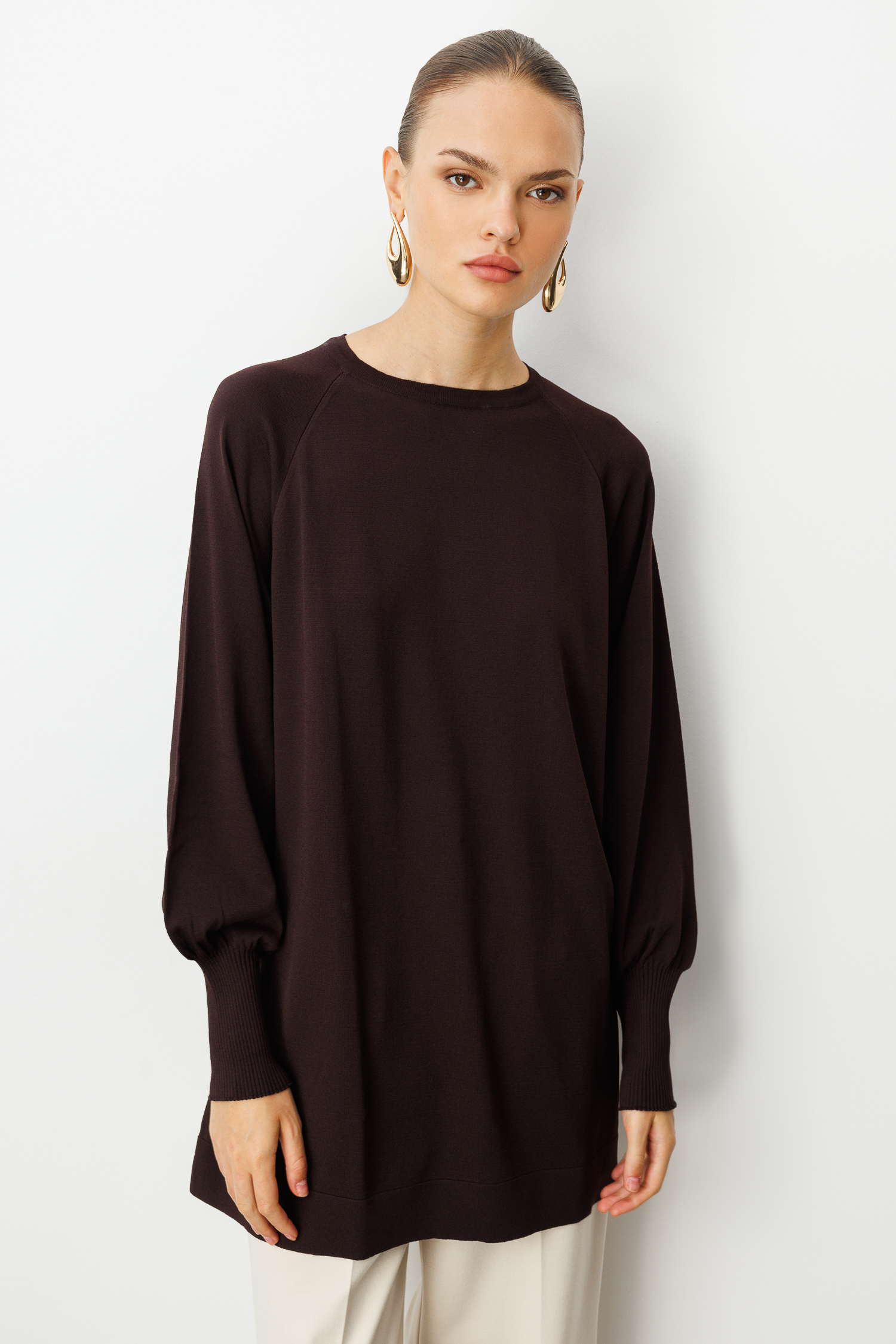 Mizalle Premium Rayon Balon Kol Kahverengi Triko Kazak