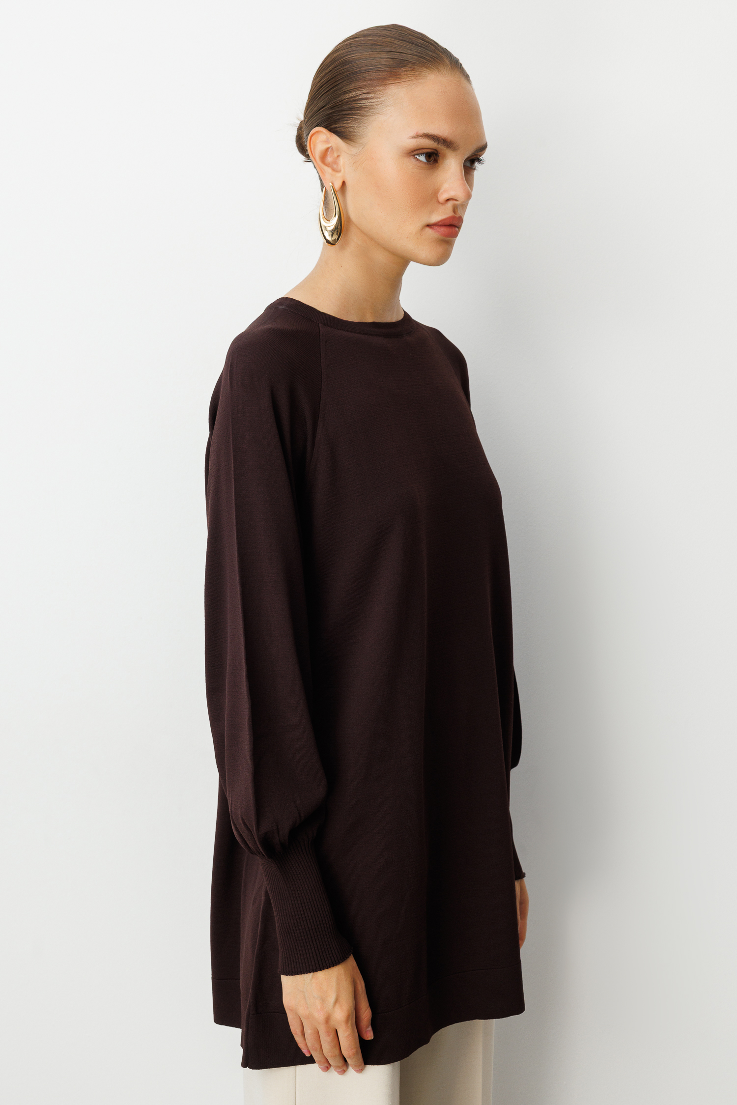 Mizalle Premium Rayon Balon Kol Kahverengi Triko Kazak