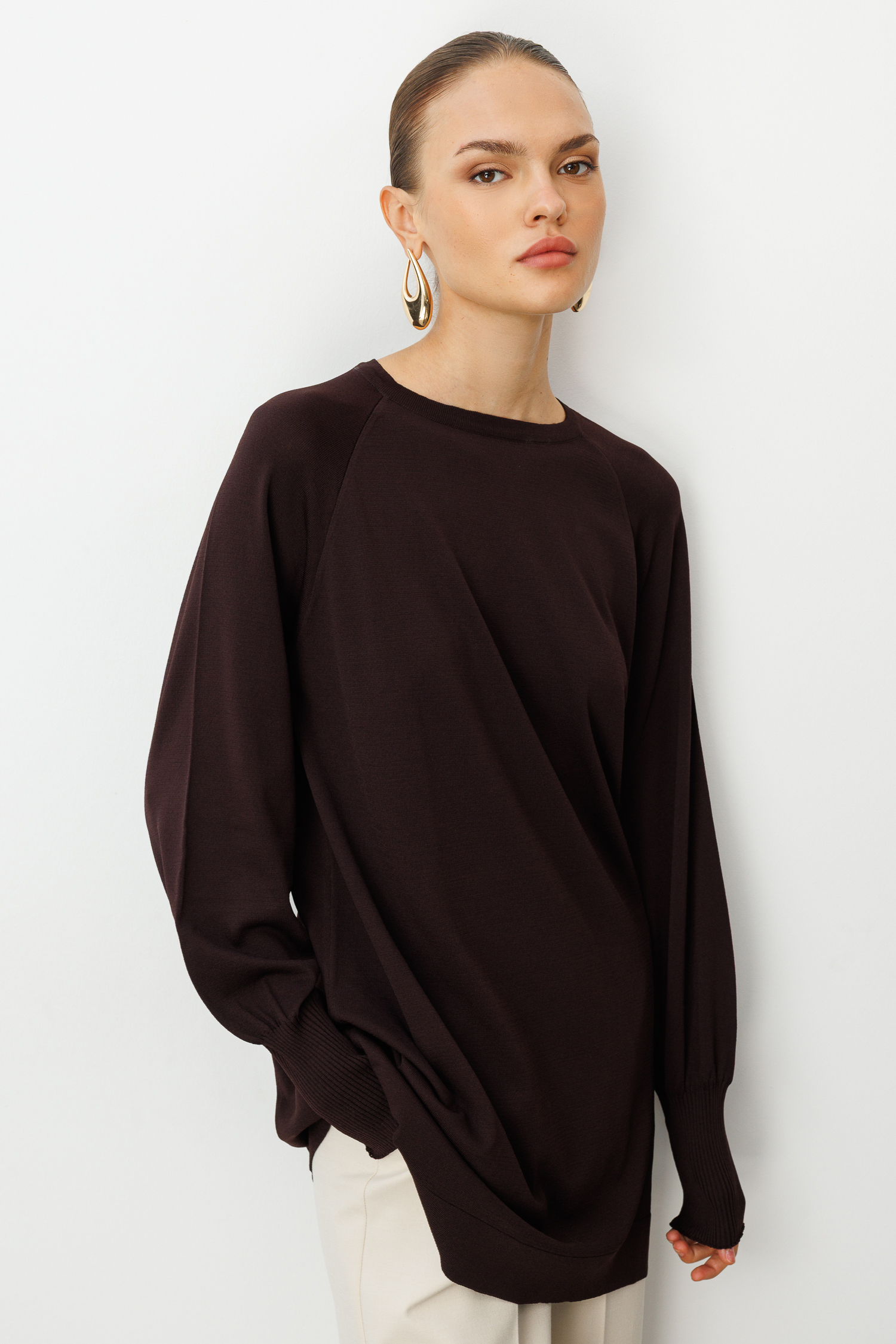 Mizalle Premium Rayon Balon Kol Kahverengi Triko Kazak