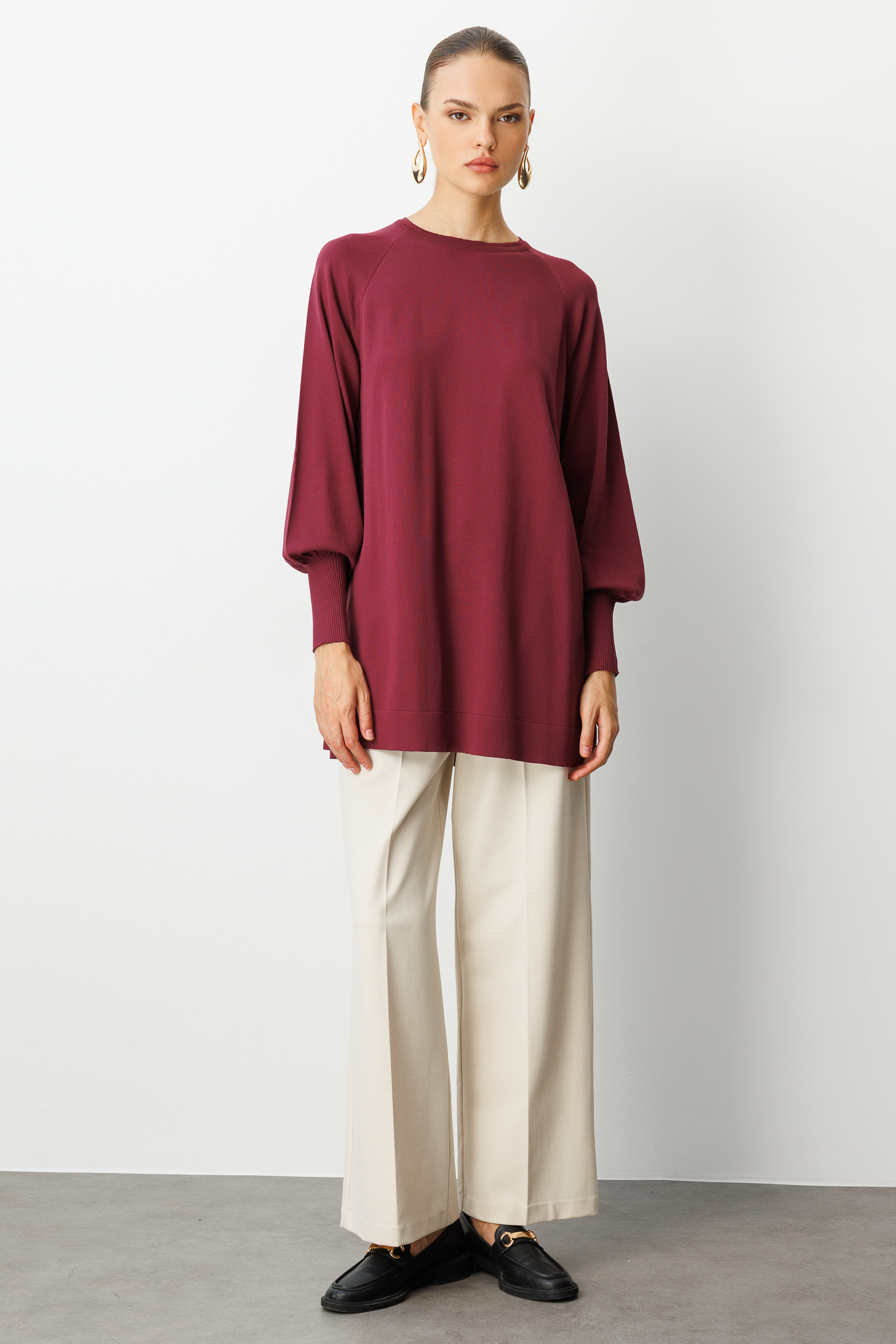 Mizalle Premium Rayon Balon Kol Mürdüm Triko Kazak