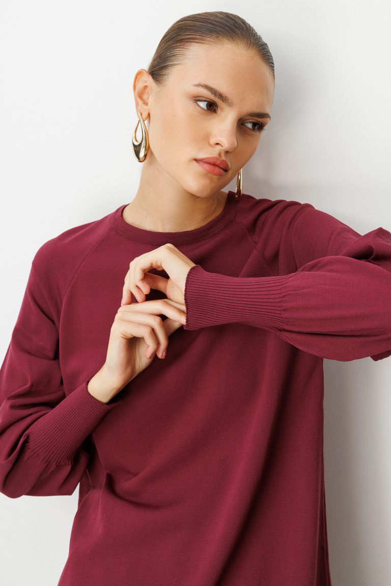 Mizalle Premium Rayon Balon Kol Mürdüm Triko Kazak - Mizalle