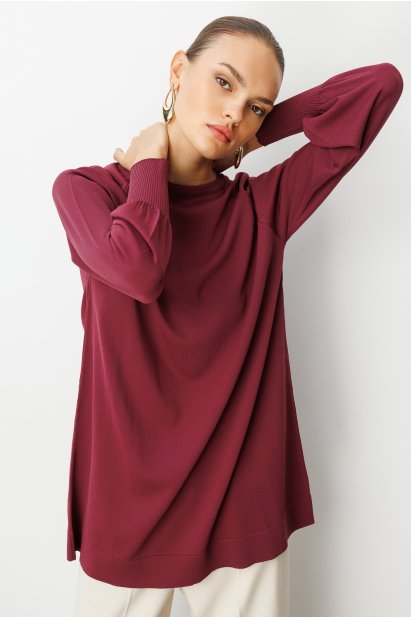 Mizalle Premium Rayon Balon Kol Mürdüm Triko Kazak - Mizalle