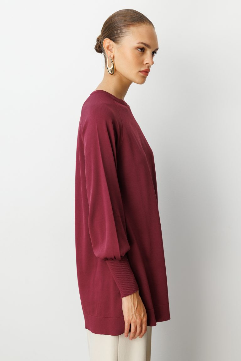 Mizalle Premium Rayon Balon Kol Mürdüm Triko Kazak - Mizalle