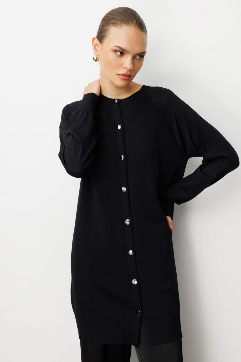 Mizalle Premium Rayon Uzun Düğmeli Siyah Hırka - Mizalle