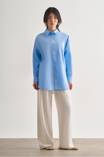 Mizalle Premium Saf Pamuk Açık Mavi Oversize Gömlek - Mizalle