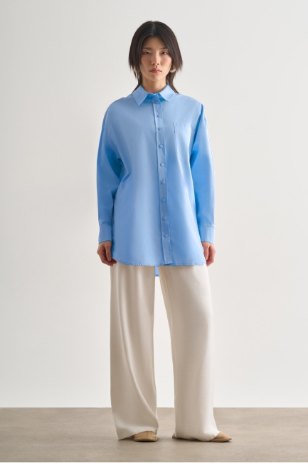 Mizalle - Mizalle Premium Saf Pamuk Açık Mavi Oversize Gömlek