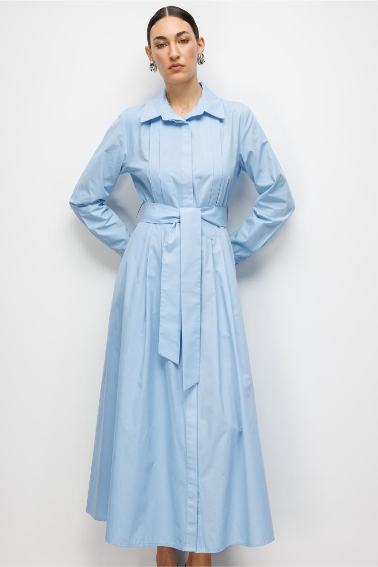 Mizalle Premium Saf Pamuk Açık Mavi Piliseli Uzun Elbise - Mizalle