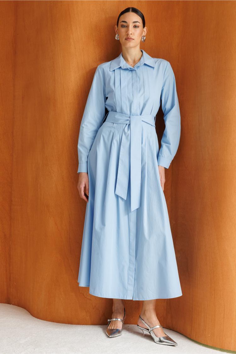 Mizalle Premium Saf Pamuk Açık Mavi Piliseli Uzun Elbise - 3
