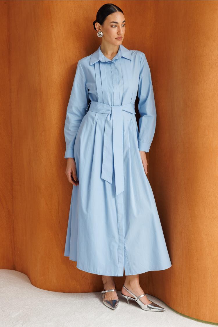 Mizalle Premium Saf Pamuk Açık Mavi Piliseli Uzun Elbise - Mizalle