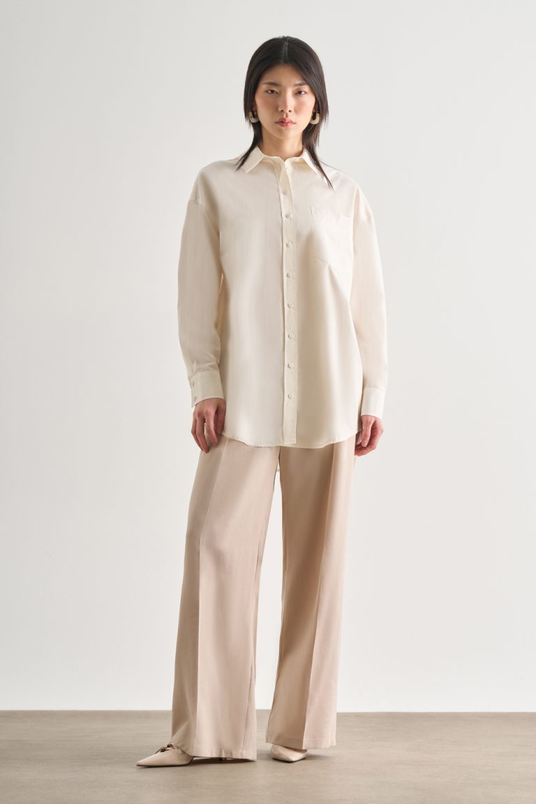 Mizalle Premium Saf Pamuk Ekru Oversize Gömlek - Mizalle