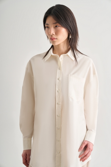 Mizalle - Mizalle Premium Saf Pamuk Ekru Oversize Gömlek