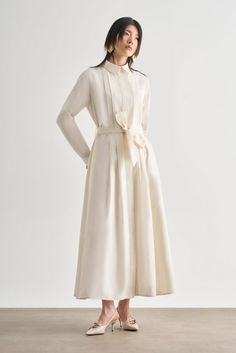 Mizalle Premium Saf Pamuk Ekru Piliseli Uzun Elbise - Mizalle