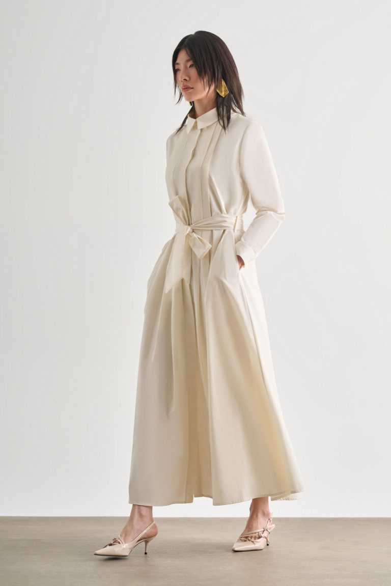 Mizalle Premium Saf Pamuk Ekru Piliseli Uzun Elbise - Mizalle